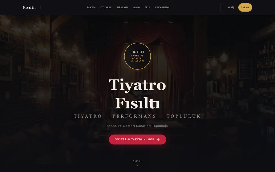 The Tiyatro Fısıltı home page, with a dark stage and red curtains