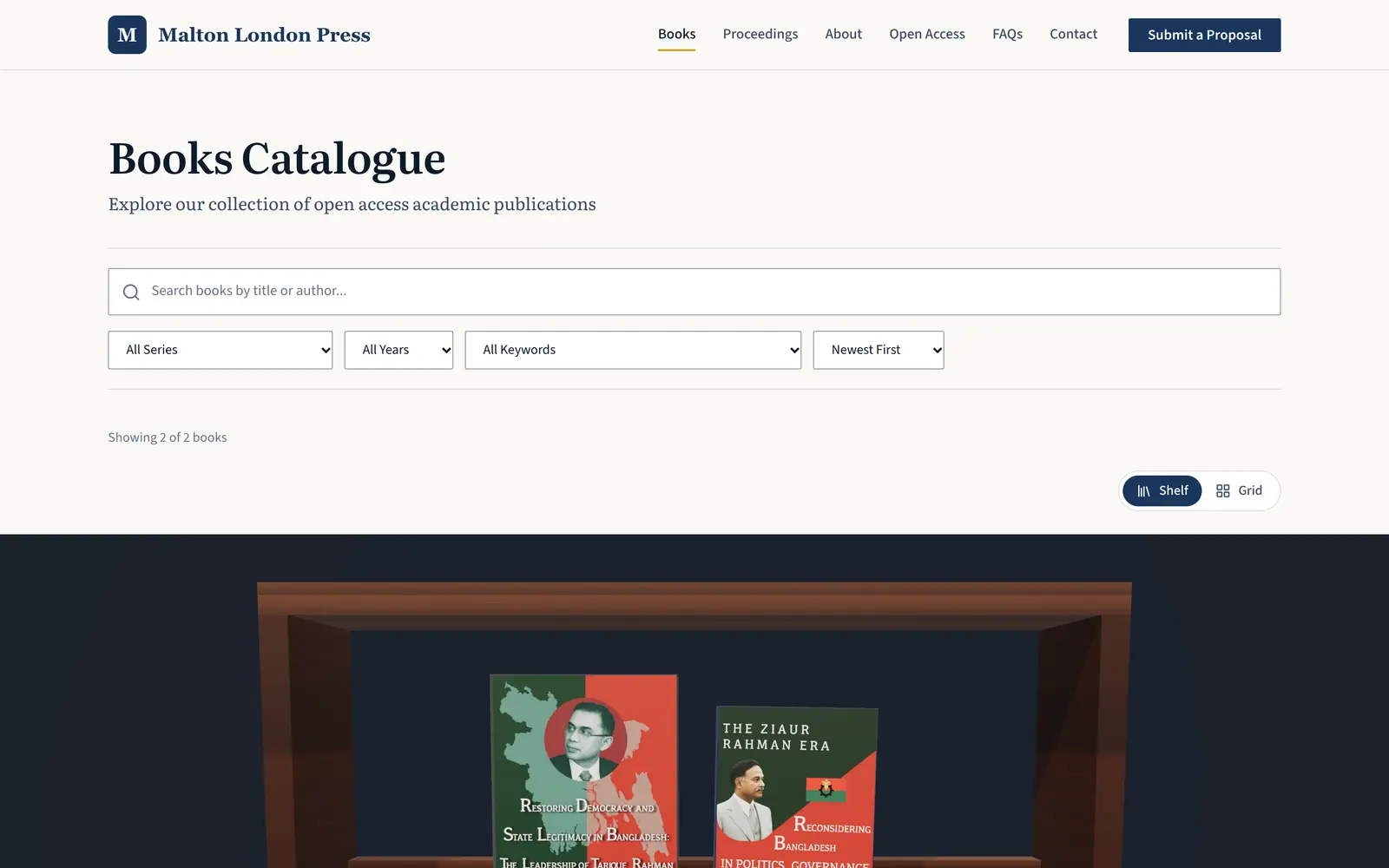 The books page, where the catalogue sits on a 3D bookshelf