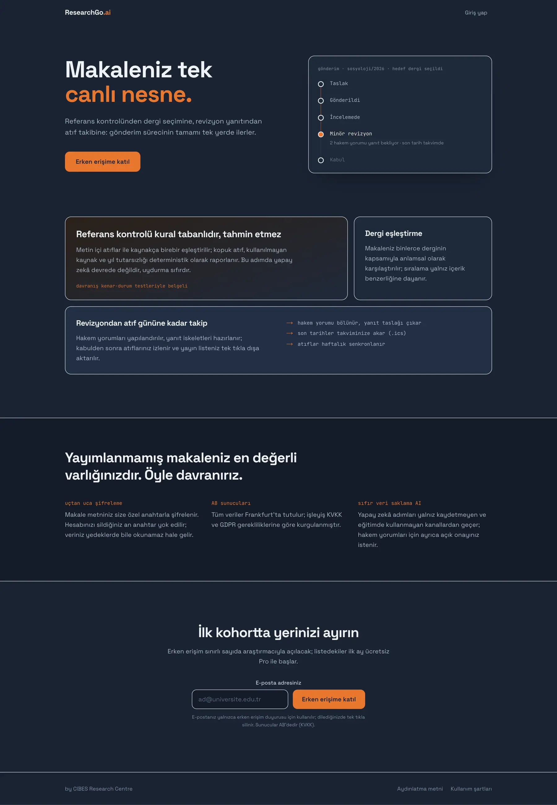 The ResearchGo website, in Turkish, with the stages a paper goes through from draft to acceptance