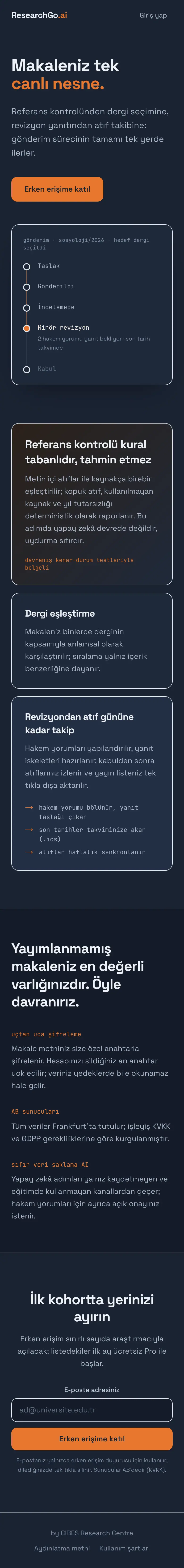 The ResearchGo website, in Turkish, with the stages a paper goes through from draft to acceptance