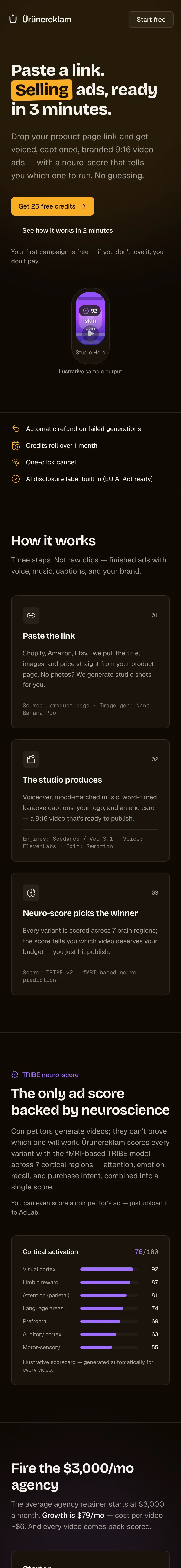 The Ürünereklam website: paste a product link, get video ads